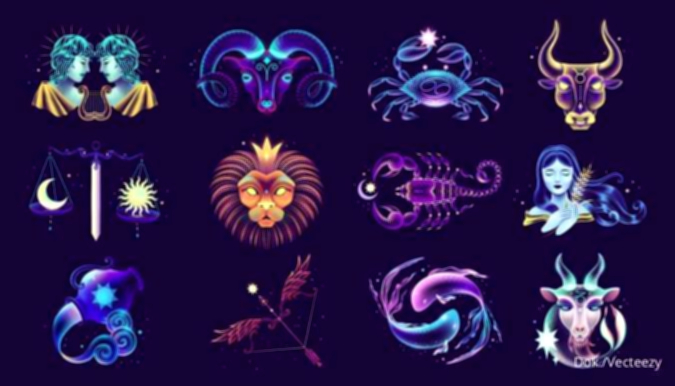 Ilustrasi zodiak dan konstelasi bintang di langit malam sebagai simbol evaluasi diri dan stabilitas emosional.