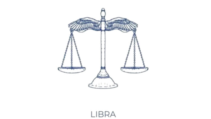 Ilustrasi zodiak Libra dengan simbol timbangan dalam nuansa kosmik