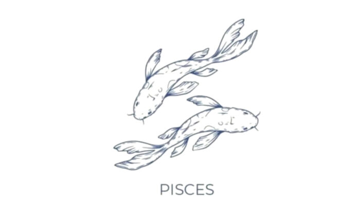 Ilustrasi zodiak Pisces dengan simbol ikan dan latar belakang elemen kosmik astrologi.