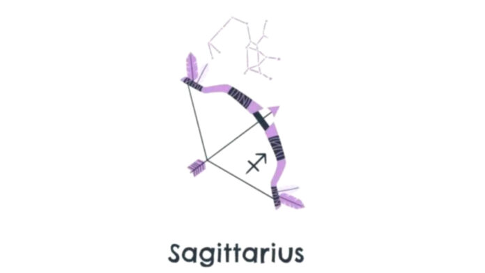 Simbol zodiak Sagitarius dengan ikon representasi cinta, karir, kesehatan, dan uang untuk ramalan 31 Oktober 2026.